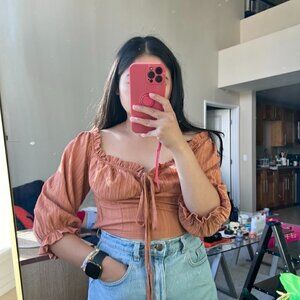 O. Vianca Brown Sweetheart Quarter Sleeves Crop Top M​​​​​​​​​​​​​​​​​​